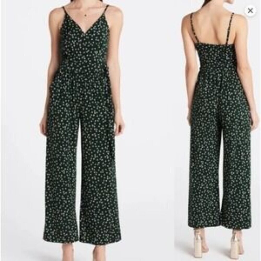 NWOT Kaileigh Rochelle Knit Jumpsuit Green Ditsy Floral V Neck Romantic Size XSP